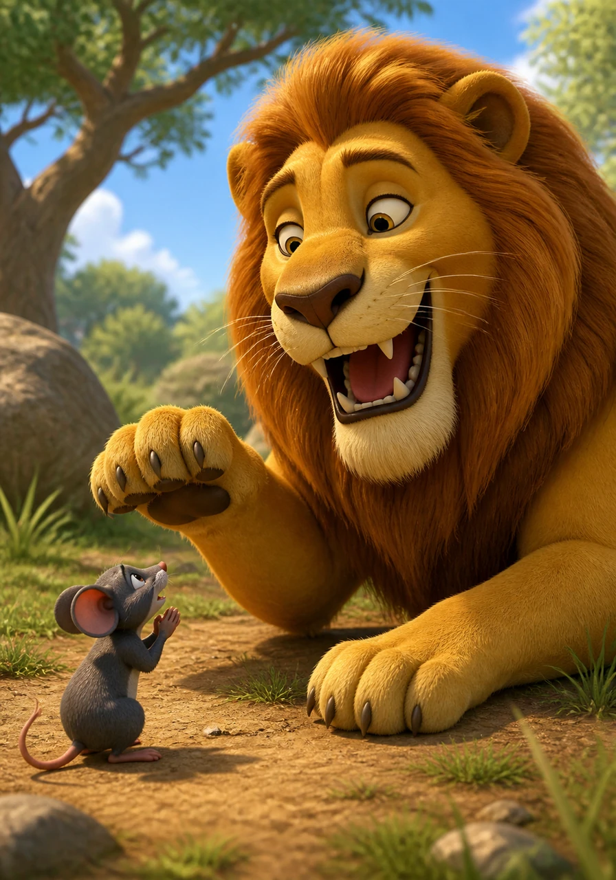 The Mouse pleads for his life, promising that he might be able to help the Lion one day in return for his mercy. The Lion laughs at the thought of such a small creature being useful to a king, but he is kind enough to lift his paw and let the Mouse go.