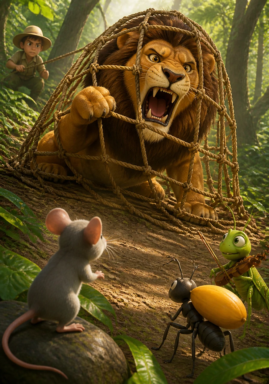 Weeks later, the Lion finds himself caught in a hunter's strong rope net, unable to break free no matter how hard he struggles. His desperate roars echo through the trees until they reach the ears of the little Mouse, who remembers the Lion's kindness.