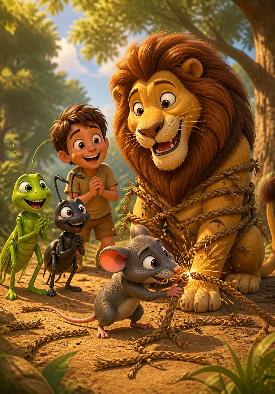 The Mouse quickly nibbles through the thick ropes with his sharp teeth, unraveling the trap and setting the Lion free. The two unlikely friends stand together in the clearing, proving that even the smallest friend can become the greatest of allies.