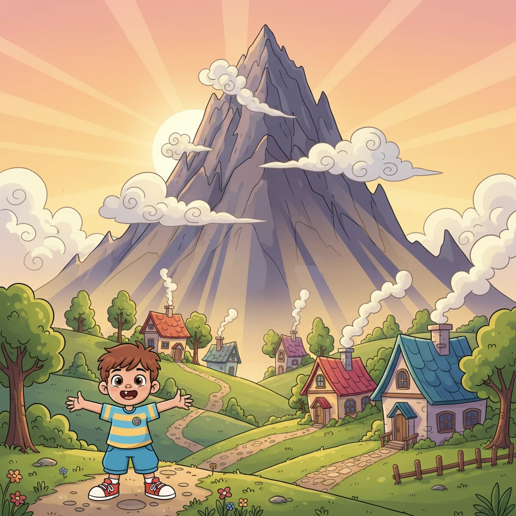 The sleepy village of Meadowbrook nestled under the warm glow of dawn. Above it, a colossal, mysterious mountain pierced the clouds, its peak often hidden from view. Little Pip often gazed at it, dreaming of the adventures that lay beyond its misty slopes.