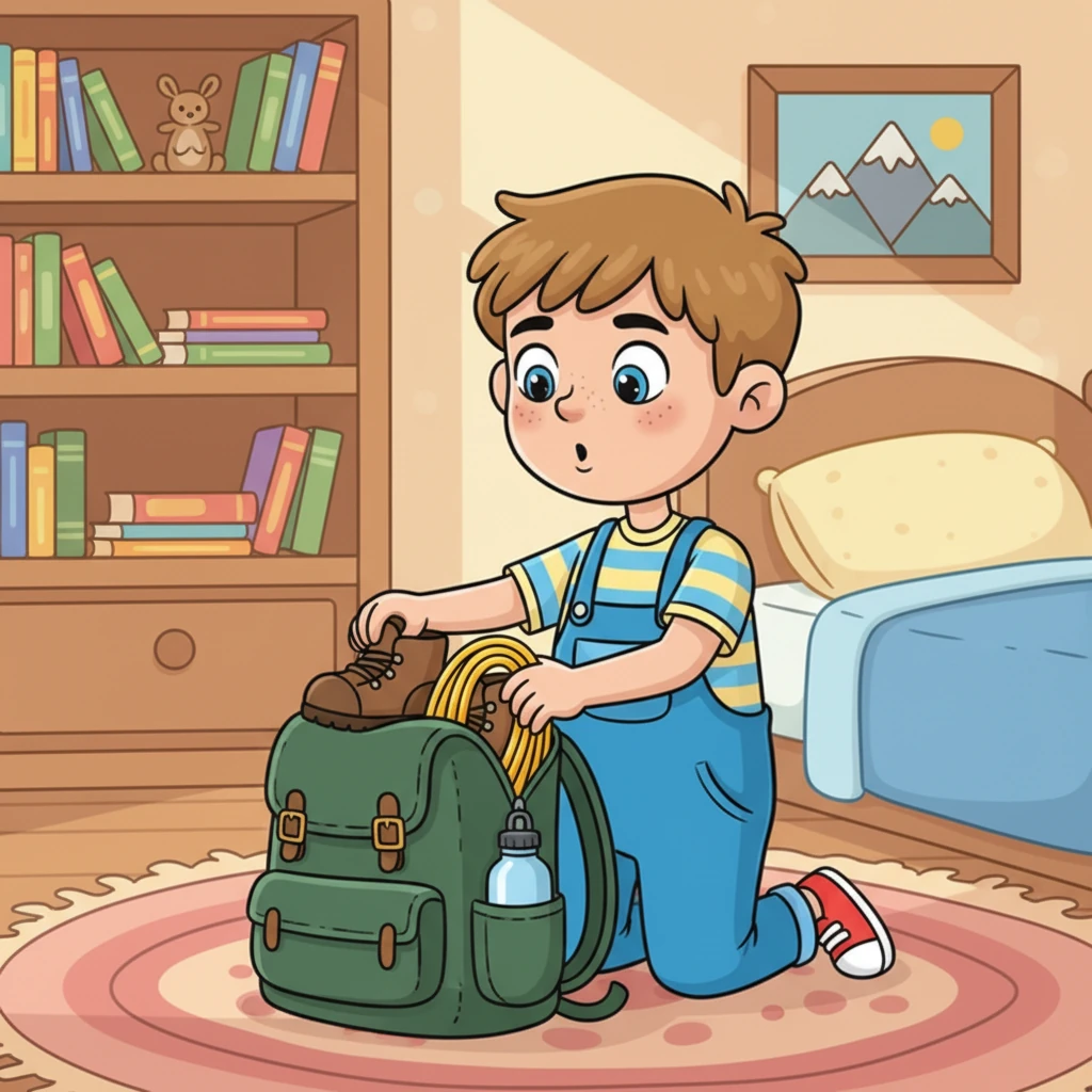 Inside a cozy room, Pip carefully packed a sturdy backpack. Boots, a coiled rope, and a gleaming water bottle were tucked away. With a determined glint in their eyes, Pip whispered a promise to themselves: "Today, I will climb."