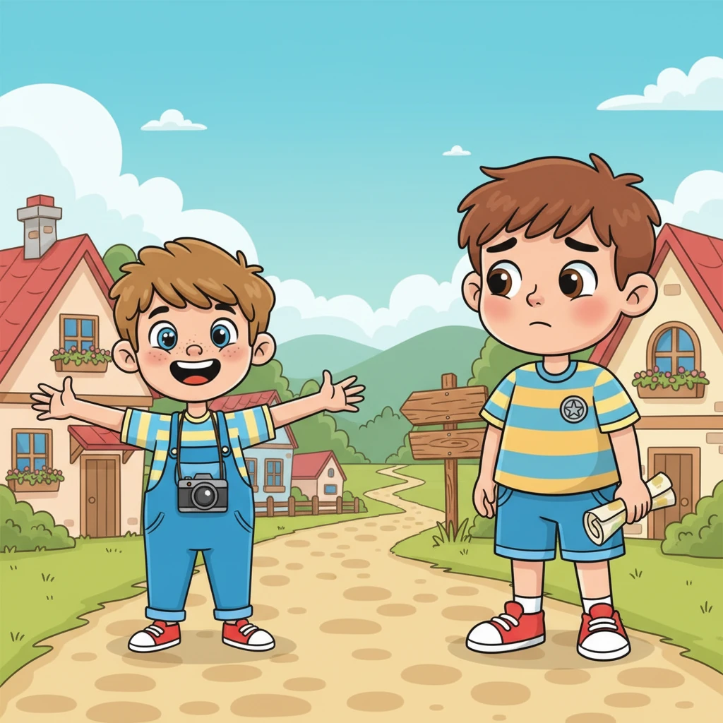 Pip met their friend, Barnaby, at the edge of the village. Pip beamed with excitement, ready for the journey. Barnaby offered a soft smile, but a shadow seemed to flicker in his eyes as he looked at Pip's adventurous spirit.