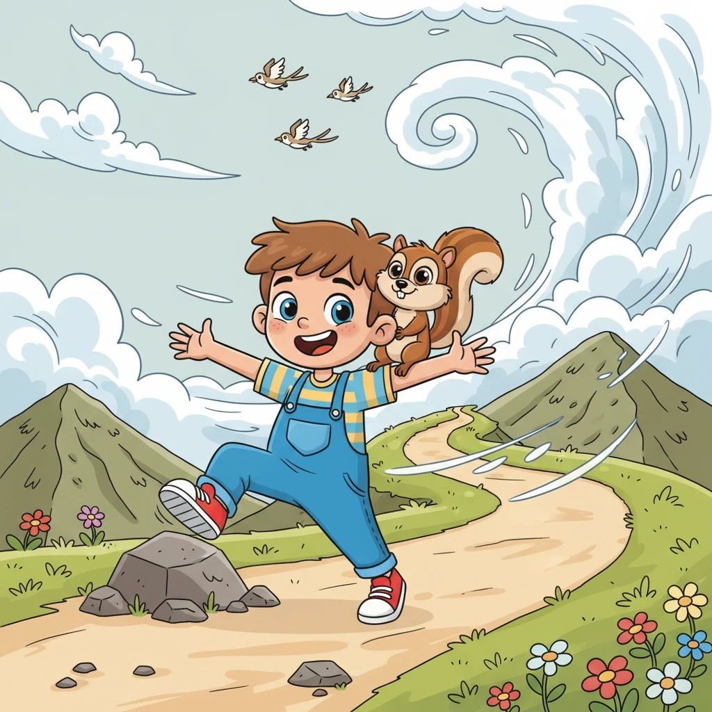 The winding mountain path stretched endlessly upwards, disappearing into the fast-moving clouds. Pip and Barnaby began their ascent, a strong wind tugging at their clothes. Birds soared high above, echoing the vast scale of their adventure.