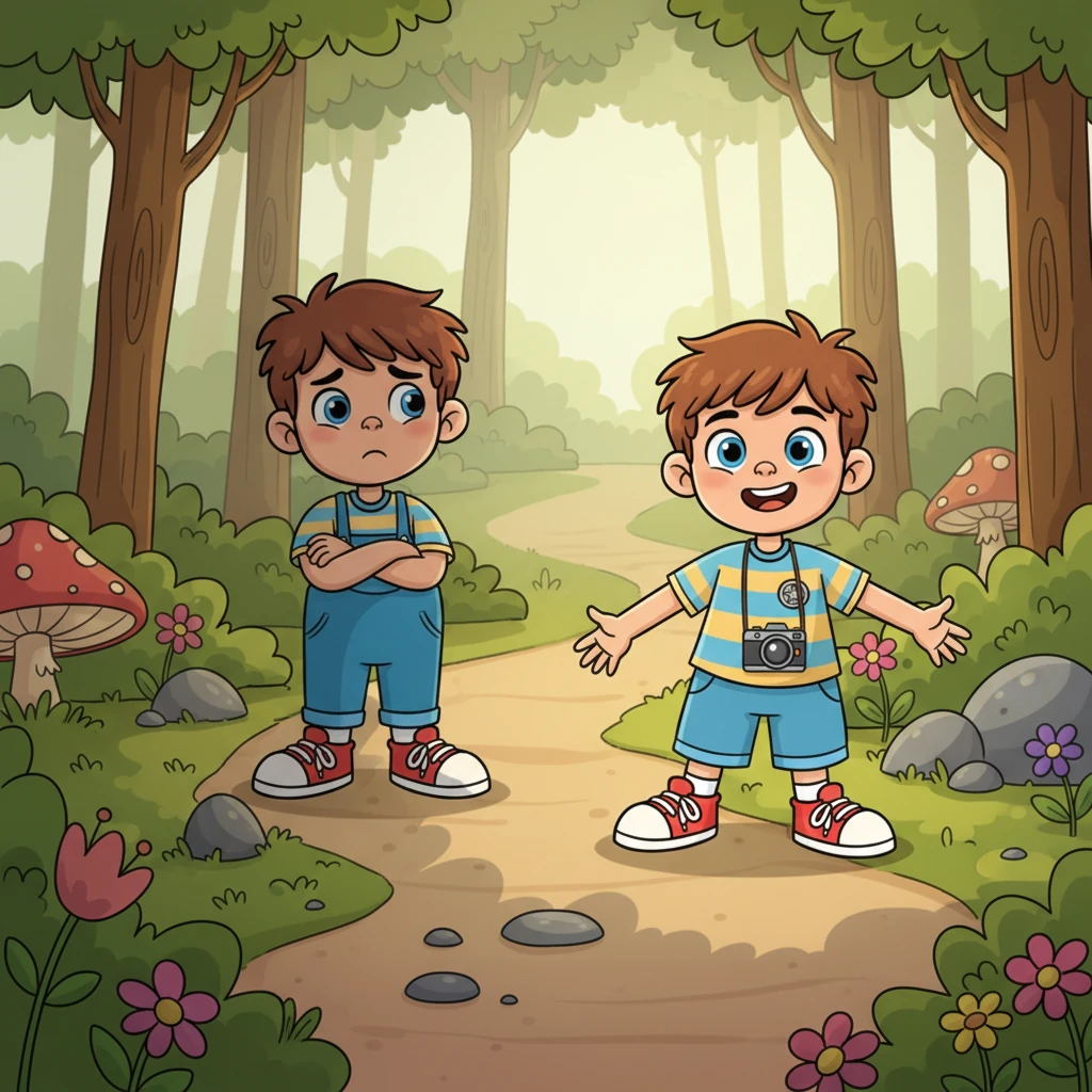 As Pip bravely continued, Barnaby lagged slightly behind, arms crossed tightly. Darker shadows seemed to cling to him, contrasting with the bright light that illuminated Pip's path ahead. A quiet tension filled the air, unnoticed by Pip.