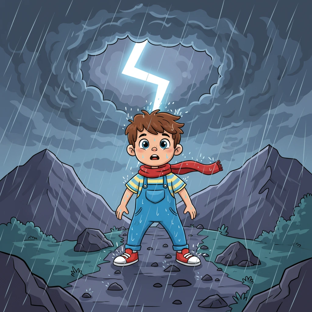 Without warning, a fierce storm erupted, drenching the mountain in rain and wind. Lightning flashed across the sky, but Pip stood firm, scarf and clothes whipping wildly. The mountain roared, testing their courage with its powerful embrace.
