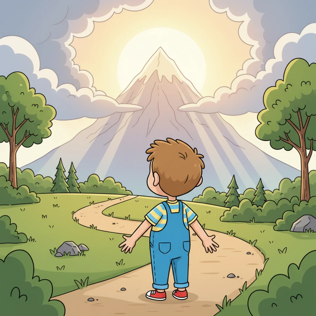 The storm began to clear, revealing the majestic peak bathed in a soft, ethereal light. Pip stood alone, gazing upwards, facing a moment of profound choice. The path ahead was clear, beckoning with both challenge and promise.