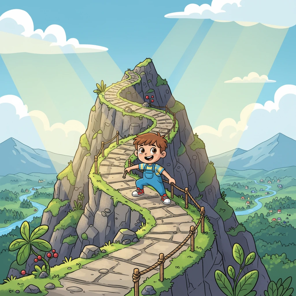 With renewed courage, Pip began the final ascent. Sunlight streamed through the parting clouds, illuminating their confident climb. Every step was a testament to their strength, driven by the epic adventure unfolding around them.