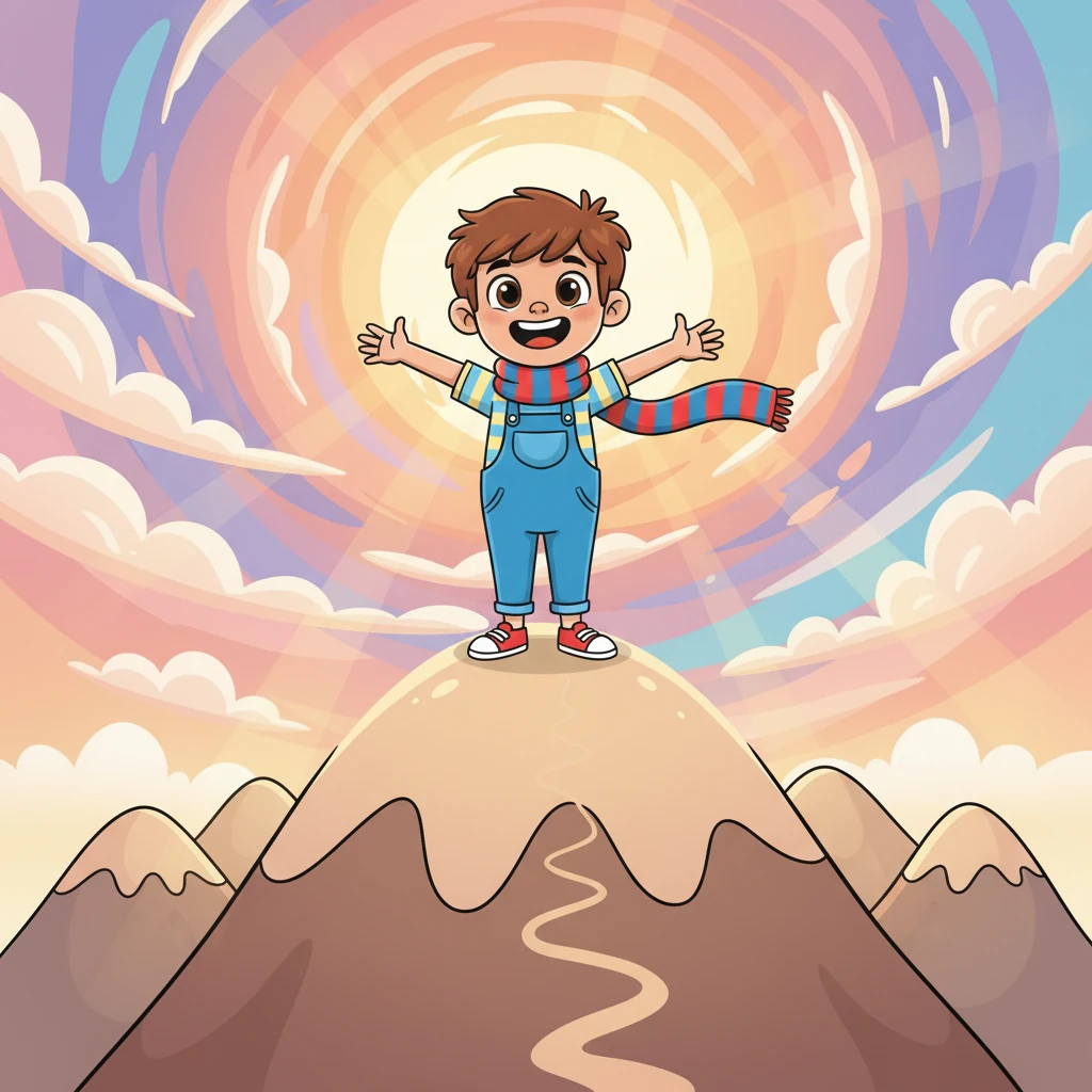 Finally, Pip reached the summit, arms wide open to embrace the vast world below. The sky glowed with triumphant colors as the wind playfully tugged at their scarf. It was a moment of pure joy and incredible achievement.