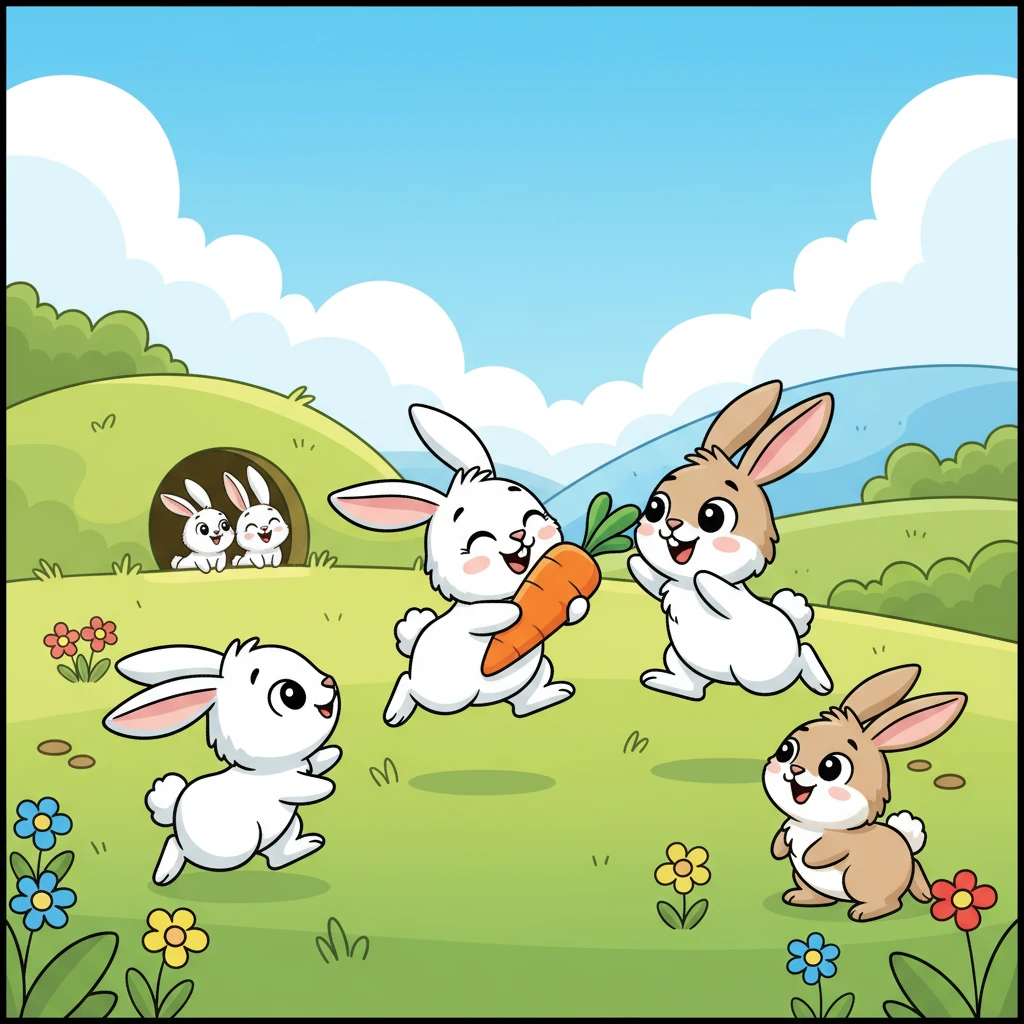 A bustling community of fluffy, cheerful rabbits lived in a cozy burrow, nestled deep within a vibrant green meadow. They hopped with joy, sharing carrots and laughter, delighted with their wonderful home. This was their precious land, a safe haven for all their little ones.