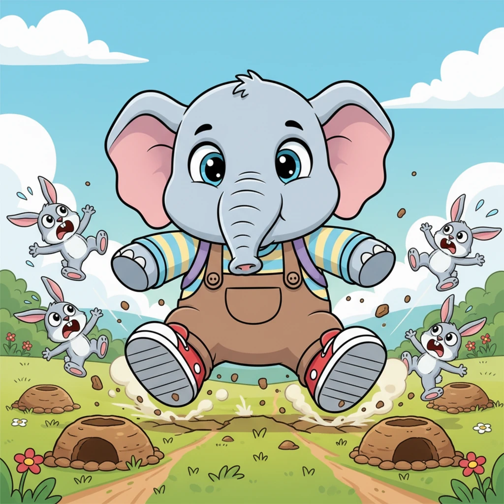 Suddenly, the ground trembled with earth-shattering thumps. A colossal, clumsy elephant with enormous feet lumbered directly through their homes, crushing burrows and scattering terrified rabbits. His path left a trail of chaos and destruction.