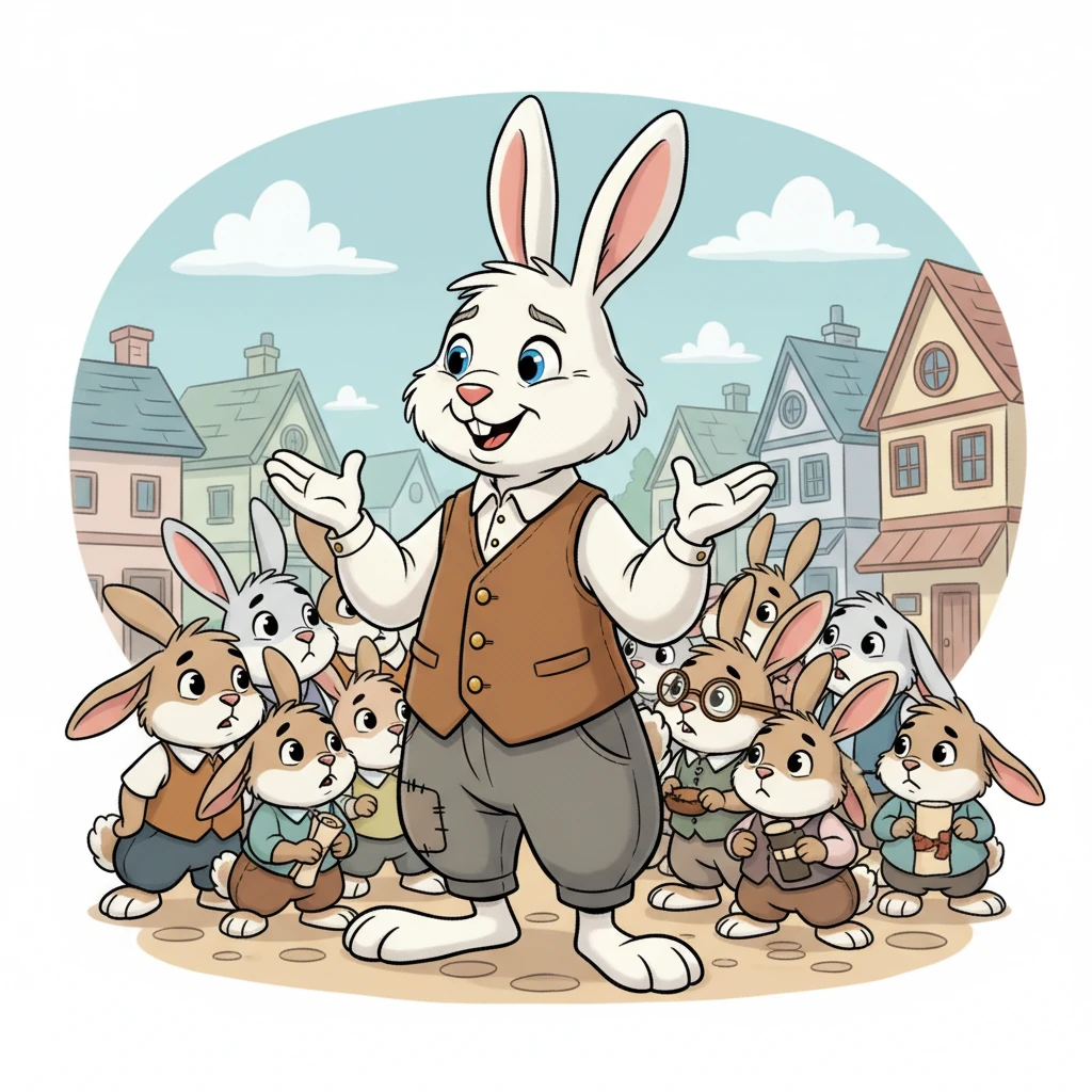 Among the frightened crowd, an elderly rabbit named Barnaby, with a twinkle in his eye and fur slightly frayed from many adventures, bravely stood tall. He called out to his neighbors, "My dear rabbits, from the wisest scholar to the littlest poet, we must unite against this brute! For in unity, even the weakest find strength!"