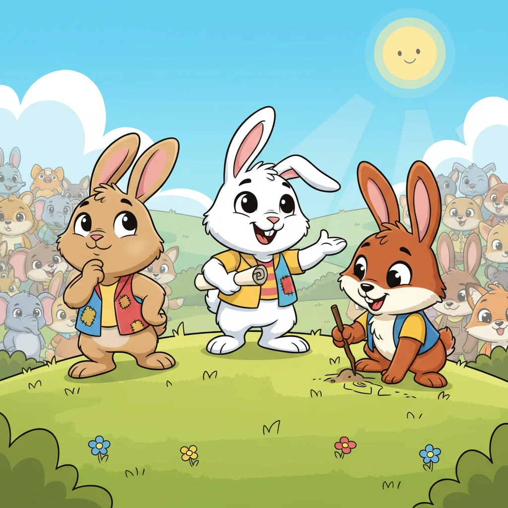 From the gathered crowd, three rabbits stepped forward, chosen not for their age or youth, but for their keen minds and clever thinking. They stood proudly, ready to propose solutions to their giant problem. Each one had a different idea brewing.