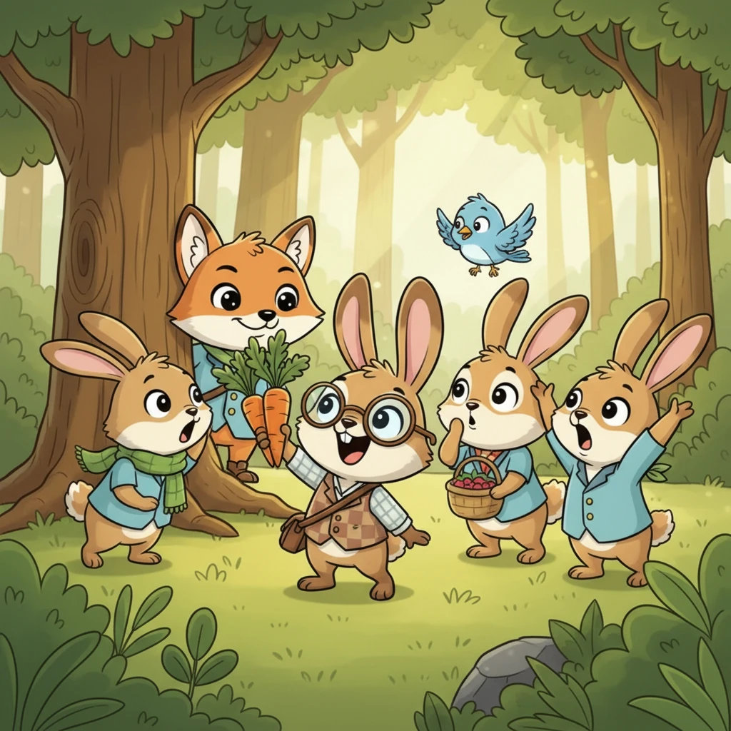 Then, the second rabbit, a bit too eager, piped up, "I know! Let's ask the cunning fox for help! He's a master of schemes. We can offer him two delicious carrots for his service!" The others quickly shook their heads, whispering, "You don't fight an enemy with another enemy!"
