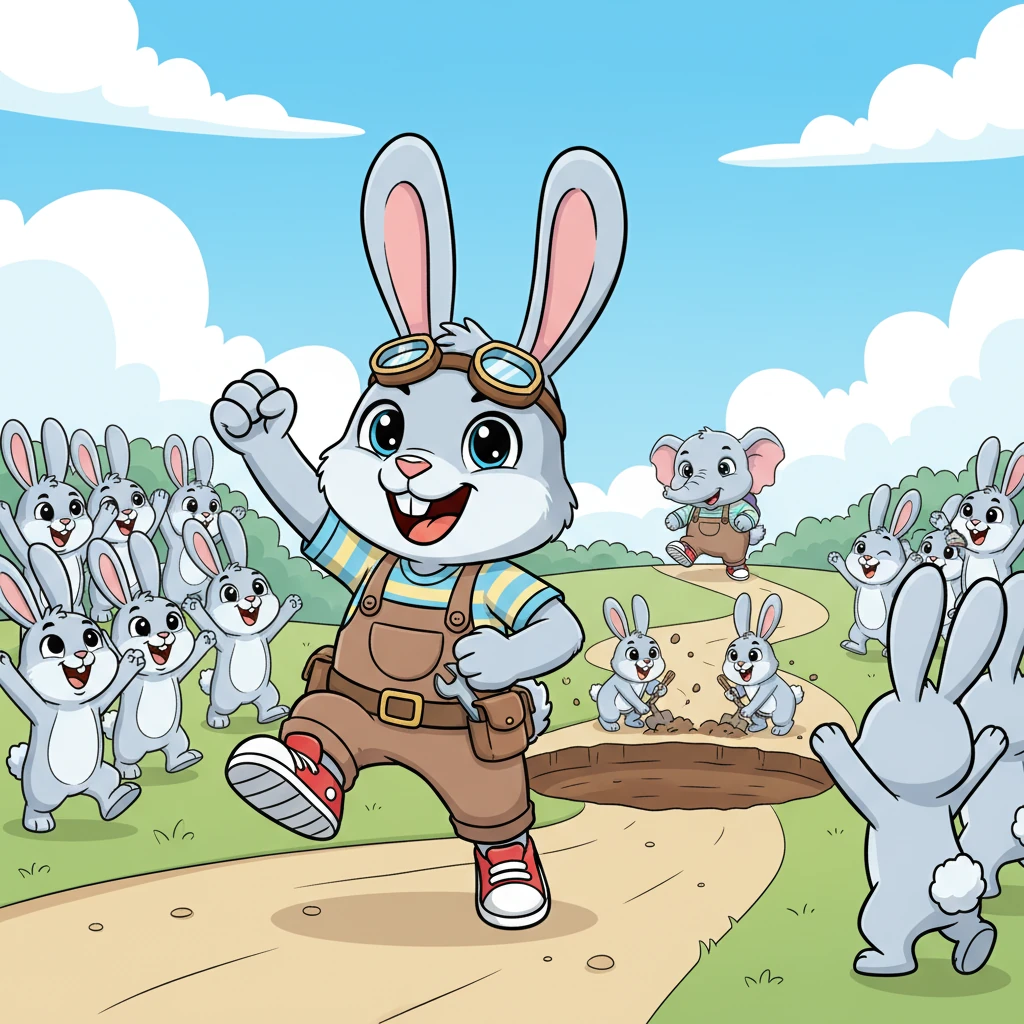Finally, the third rabbit, a bright-eyed inventor named Pip, bounded forward with a grin. "My friends," he declared, "unity is our power! Let's dig a giant pit right in his path! The elephant will tumble in, and we'll be free forever!" A roar of approval rose from the crowd.