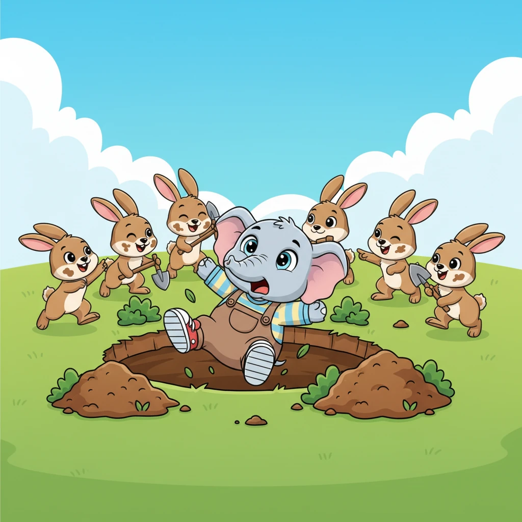 With renewed energy, the rabbit community sprang into action, digging with all their might. They worked together, scooping earth and piling it high, creating a deep, cleverly disguised trap. Soon, the oblivious elephant came stomping along, crashing right into the hidden pit!