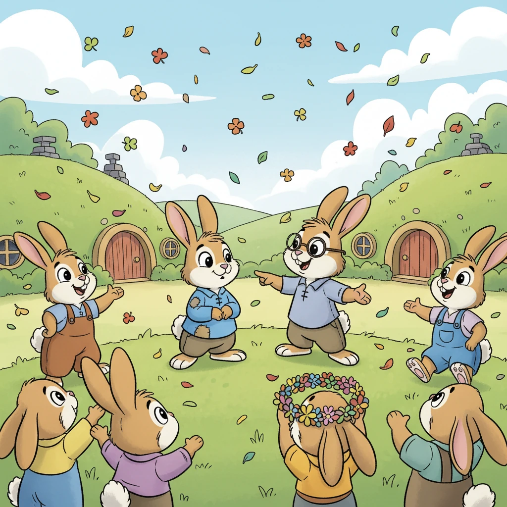 The rabbits cheered, their homes safe once more. They approached Pip, the clever planner, ready to crown him king. But Pip smiled and pointed to Barnaby, saying, "No, the true hero is the one who first called us all to unite! It was his voice that gave us hope!"