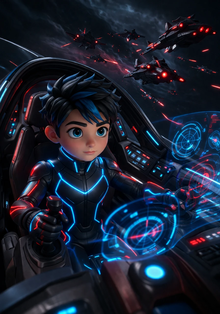 Nix pilots a small scout ship through a dark, starless void on the edge of the galaxy. The cockpit is filled with glowing holographic displays reflecting in Nix's curious eyes as they search for a lost signal.
