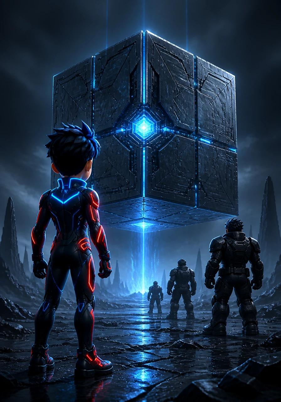 A faint, rhythmic pulse of light appears in the distance, drawing Nix closer to a massive, floating structure. It is a perfectly symmetrical, metallic cube suspended in the silent darkness, humming with ancient energy.
