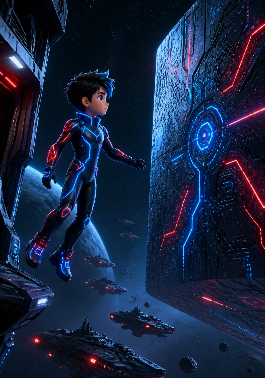 Nix exits the ship in a sleek, neon-trimmed spacesuit and drifts toward the silent monolith. The cube’s surface is cold and etched with intricate, glowing geometric patterns that flicker with vibrant blue and red light.