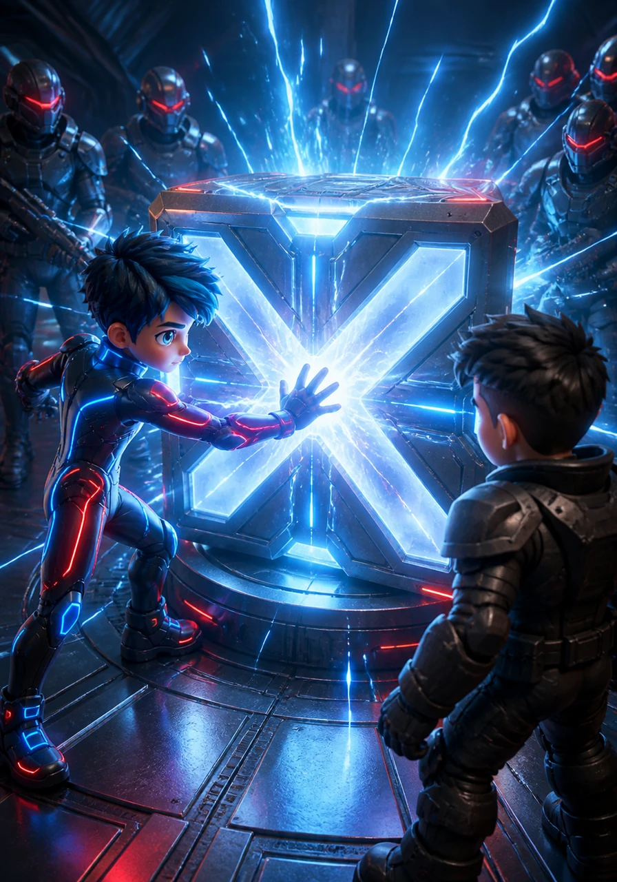 As Nix touches the center of the cube, a surge of power ripples through the metal, causing the entire structure to vibrate. The white letters of the TUBENIX logo begin to glow with a brilliant light that illuminates the surrounding space.