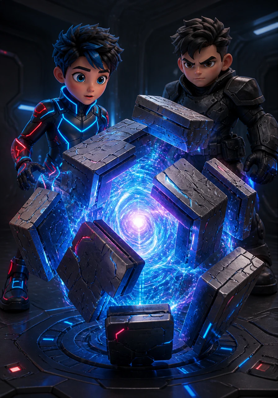 The cube begins to transform, its metallic plates shifting and sliding like a complex 3D puzzle. Nix watches in awe as the technology unfolds to reveal a core of pure, swirling starlight and data streams.