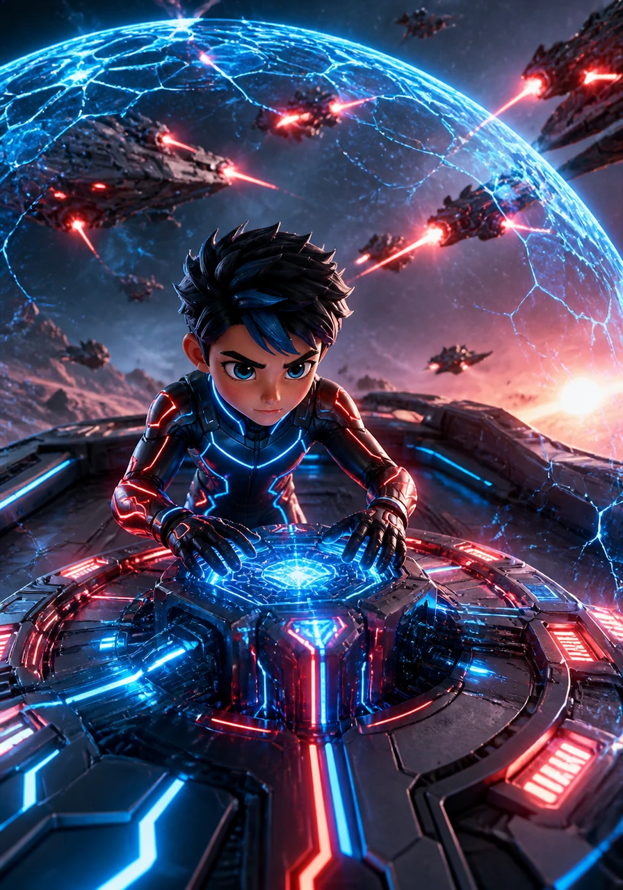 Nix interfaces with the cube’s core, using its advanced technology to create a protective barrier of shimmering energy around the ship. The blue and red lights of the cube pulse in sync with Nix’s determined heartbeat.