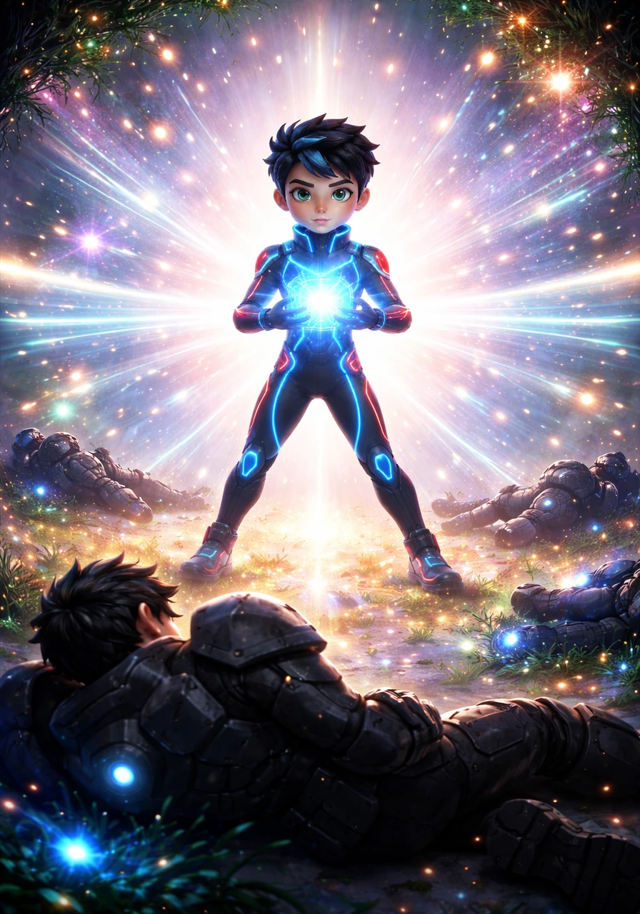 With a final surge of energy, the cube emits a peaceful shockwave that disables the intruders' systems without harming them. The void is filled with soft particles and sparks, turning the dark space into a beautiful garden of light.