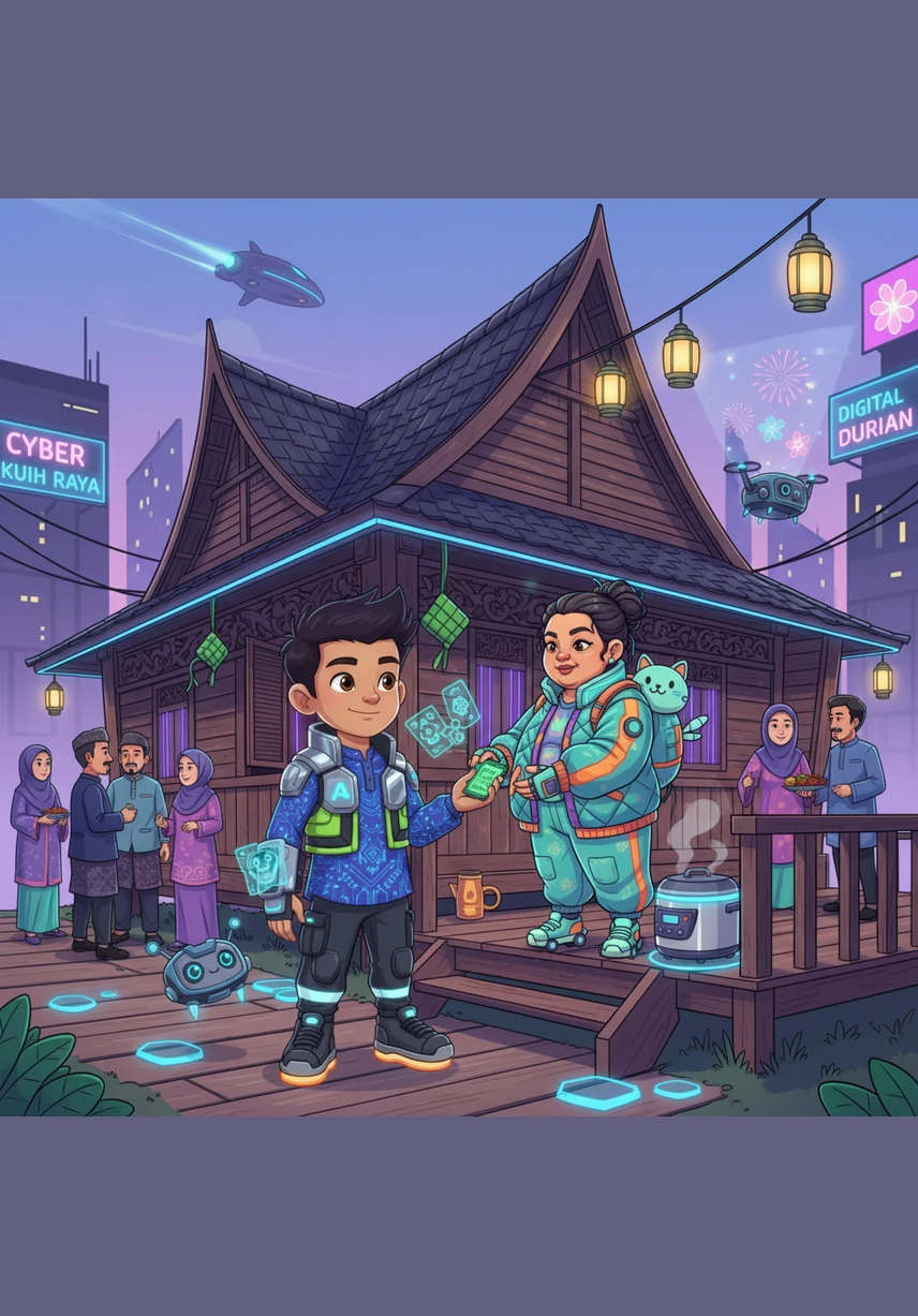 Aiman stood outside his wooden house in the sunny kampung, surrounded by swaying palm trees and colorful flowers. The air was filled with excitement because the celebration of Hari Raya was just around the corner.