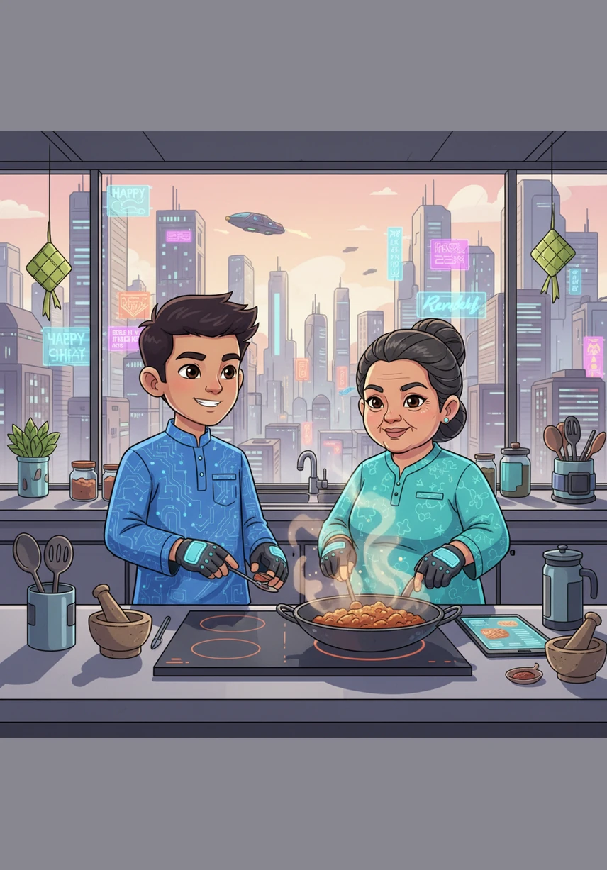 On the morning of Hari Raya, Aiman dressed in his finest green baju melayu and greeted his family with a bright, happy smile. The house was beautifully decorated and ready for the wonderful celebration to begin.