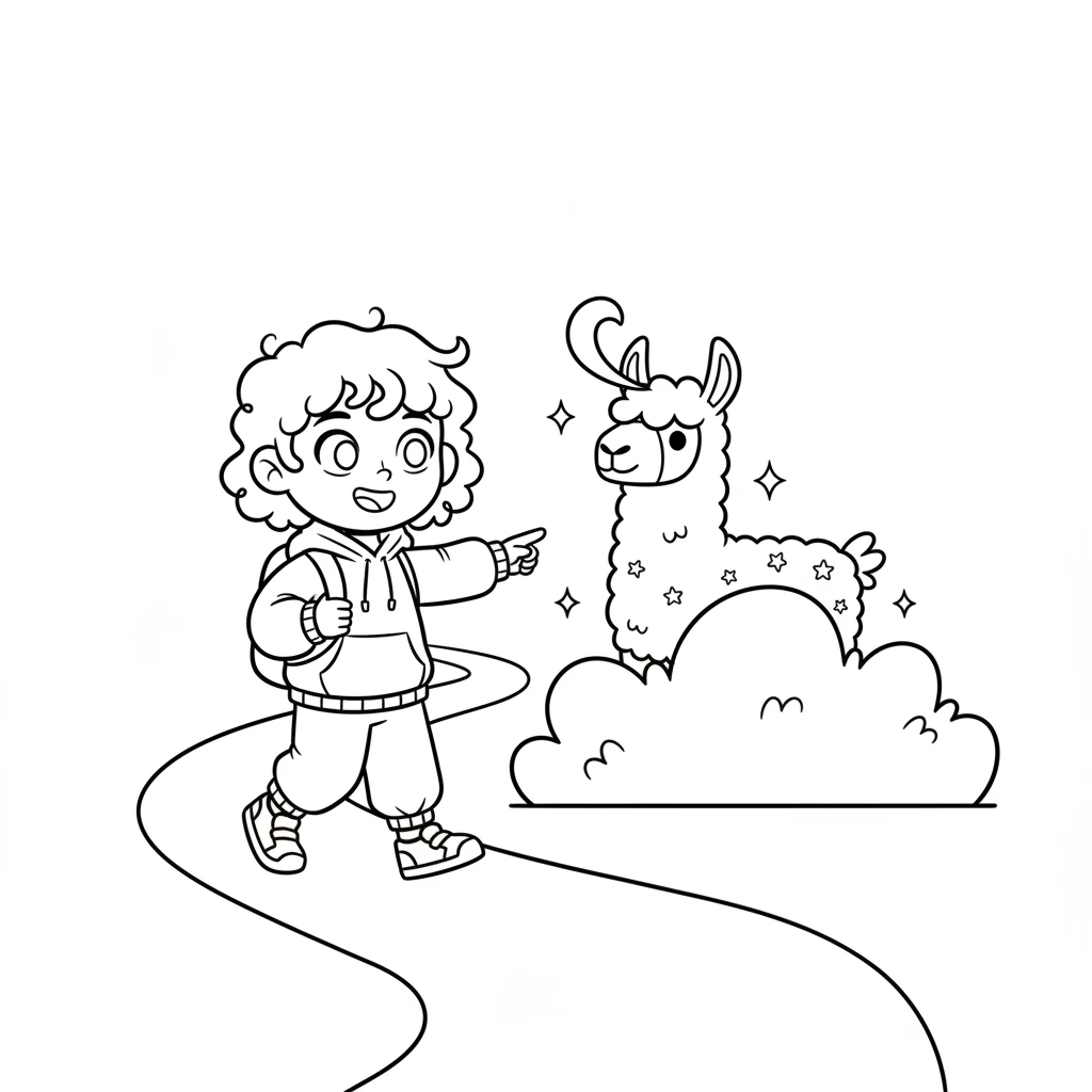 Walking along a winding path, Pixel spotted something sparkling behind a bush! It was a friendly, blocky llama, covered in tiny, happy stars. The llama seemed to wave hello with its ear.