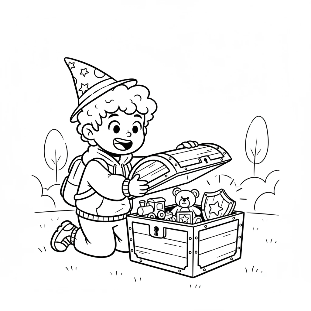 Nearby, a golden treasure chest sat waiting, glowing softly. Pixel carefully opened it, and inside were not weapons, but fun toys and a bright, shiny shield. What wonderful surprises!