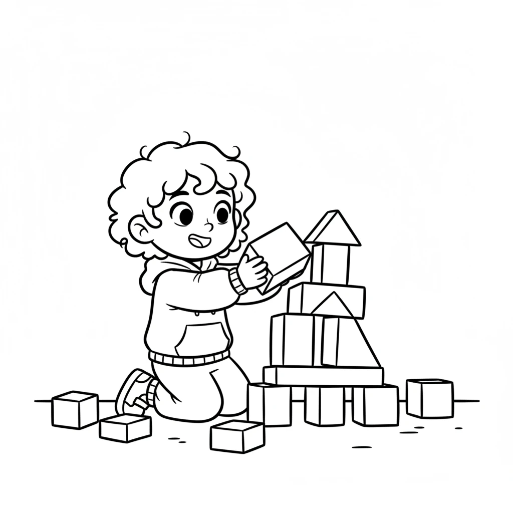 With a handful of colorful blocks, Pixel began to build a tall, wobbly fort. They stacked the shapes carefully, making a cozy little place just for them. It was the perfect spot to play.