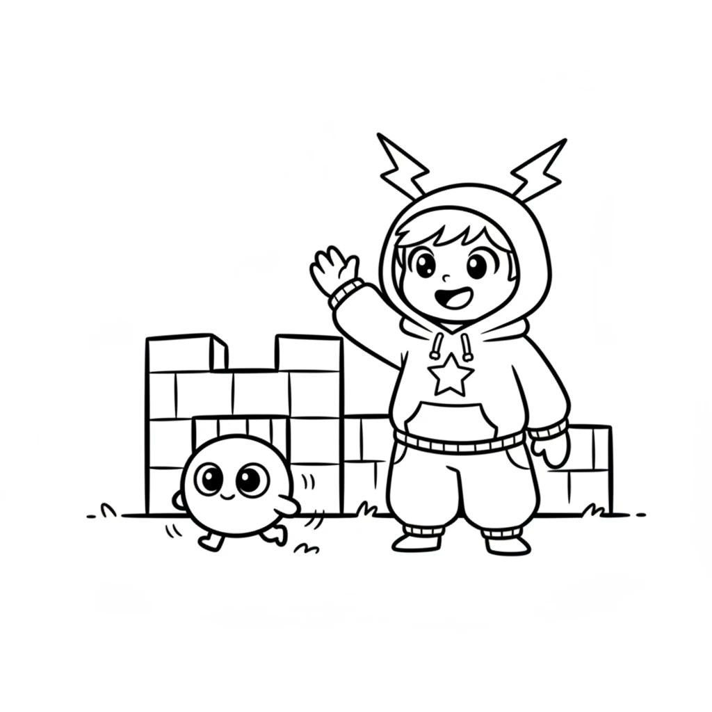 Suddenly, a tiny, round creature with big, curious eyes peeked out from behind the fort. Pixel waved, and the little creature, named Pip, scampered closer, ready to be friends.