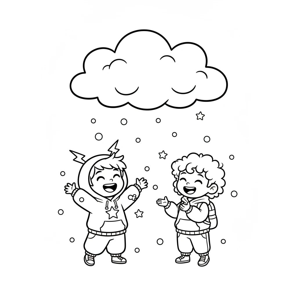 A fluffy, bubbly cloud floated above them, not a scary storm cloud, but one that sprinkled gentle, happy confetti. Pixel and Pip giggled as the colorful dots fell all around them.