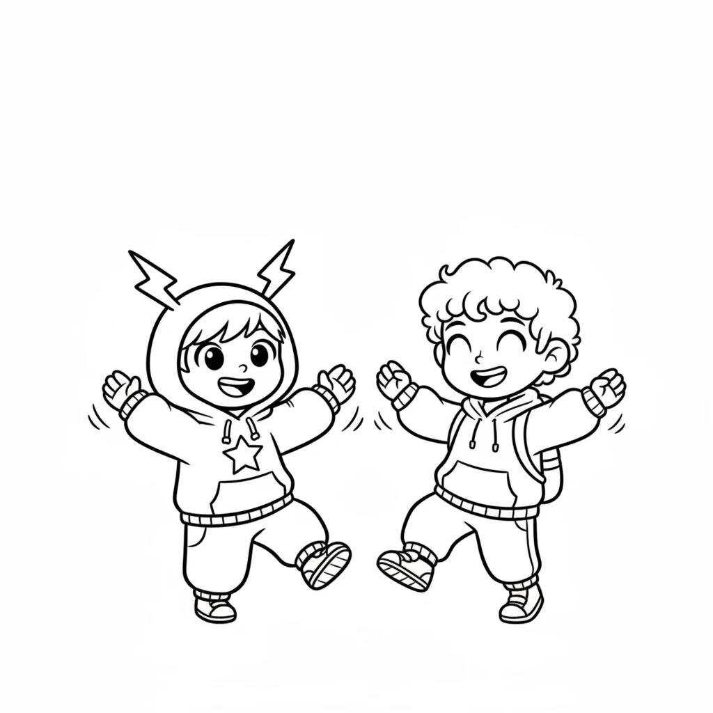 After a smooth landing, Pixel and Pip cheered! They celebrated their amazing day with a funny, happy dance, wiggling their arms and legs in the most joyful way.