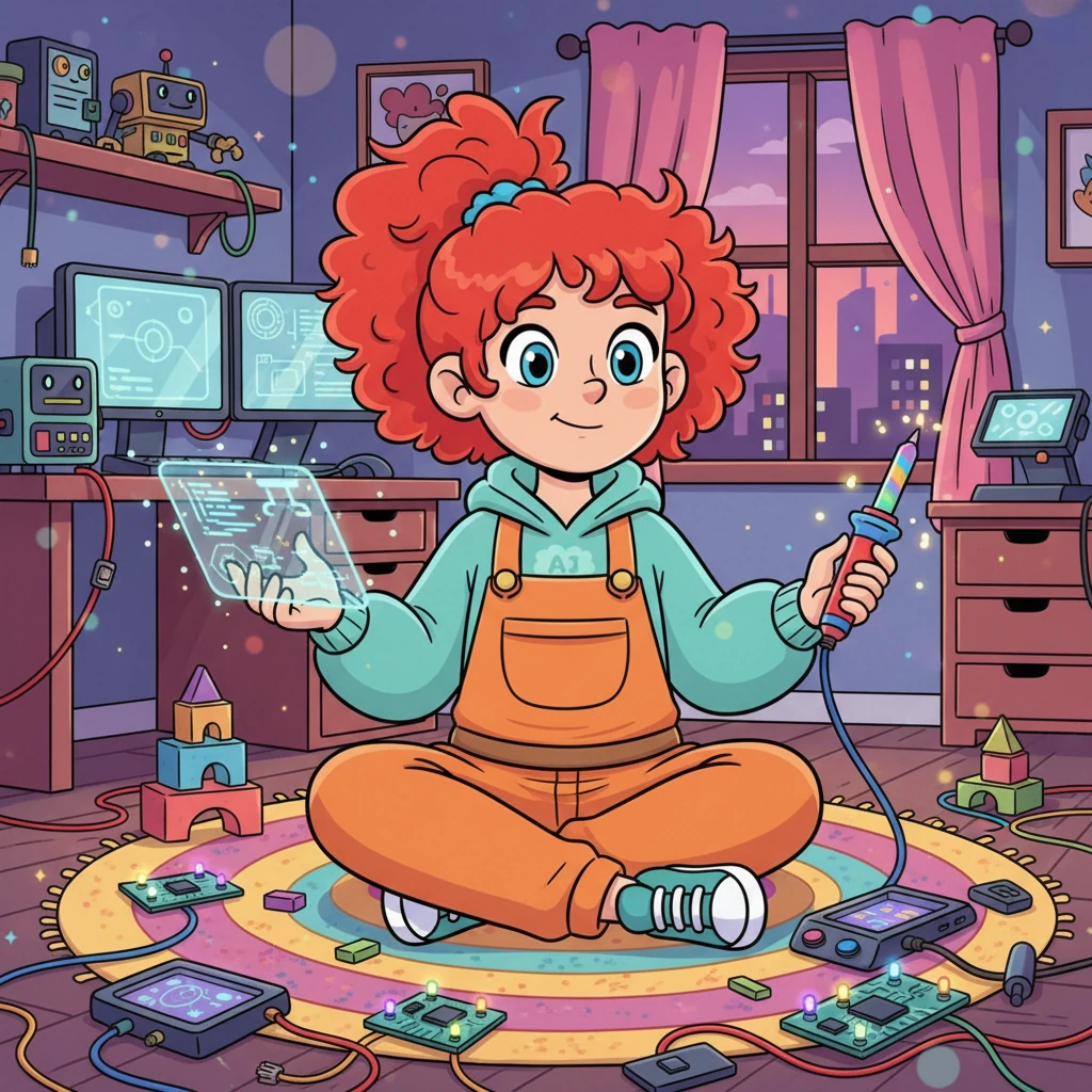 Sparky Code, a girl with bright, curious eyes and a wild mop of red hair, sat in her room filled with blinking gadgets and colorful wires. She dreamed of building something truly extraordinary, something that could help everyone create amazing things with just a flick of an idea.