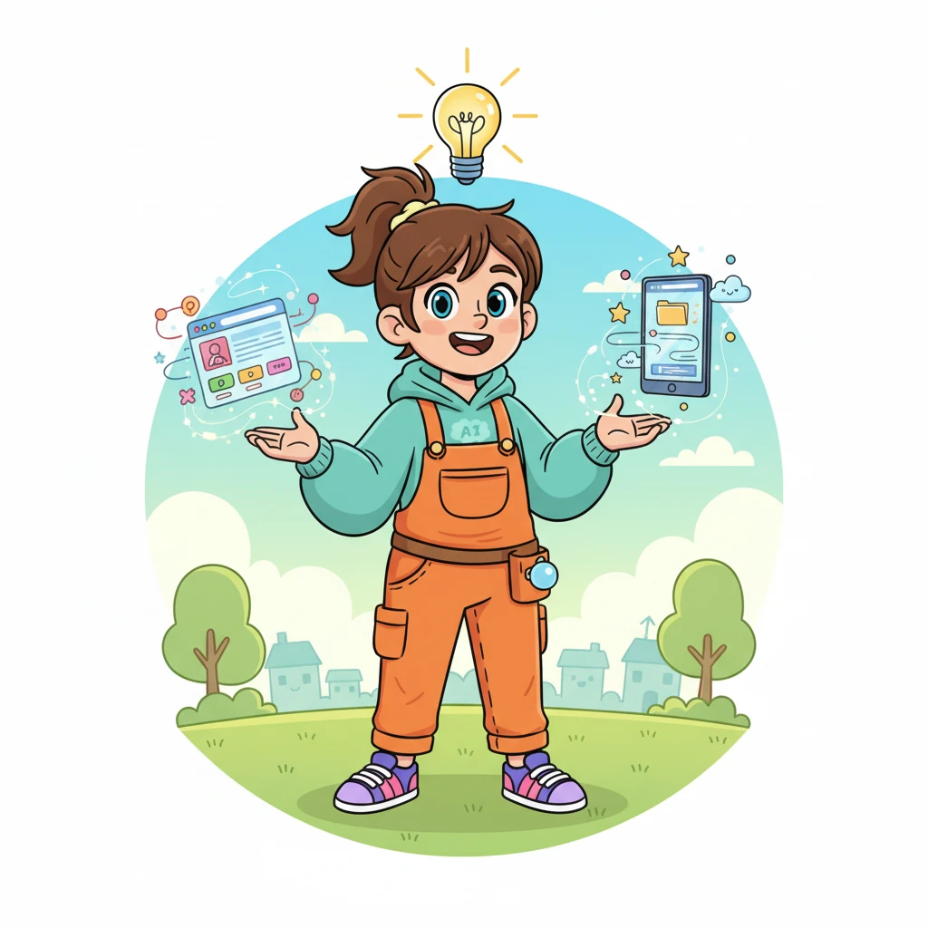 One sunny morning, an idea sparked brighter than any circuit board in Sparky's mind. She imagined a friendly, super-smart AI helper that could build digital worlds, from dazzling websites to fun mobile apps, with magical ease.