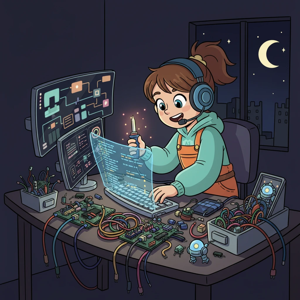 Days turned into nights as Sparky tirelessly worked, soldering circuits, typing lines of code, and humming with excitement. Her desk was a playful mess of screens, keyboards, and glowing prototypes, each piece bringing her dream closer to reality.