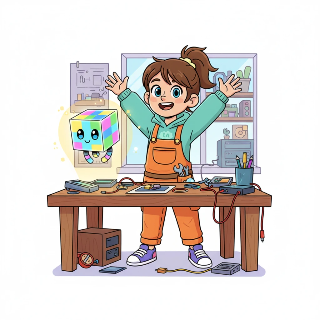 With a final, triumphant click, Sparky's creation whirred to life! A small, glowing, cube-shaped robot with big, friendly eyes and a cheerful smile floated up from the workbench. Sparky named her new friend Pixel Pal.