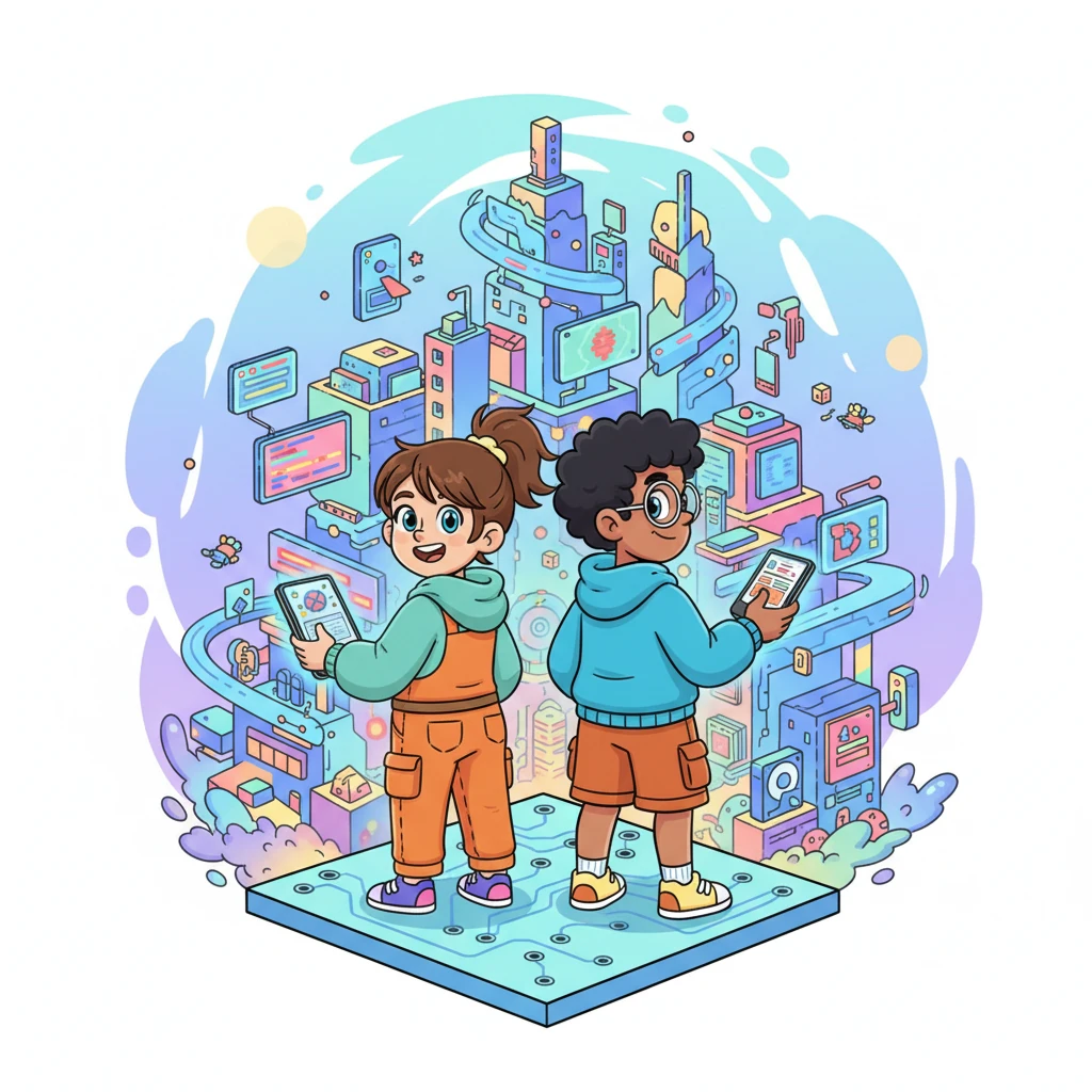 Sparky and Pixel Pal stood together, looking out at a vibrant, digital city, ready for their next grand adventure. With Pixel Pal by her side, Sparky knew that any digital dream, big or small, was now possible, sparking joy and creativity everywhere they went.
