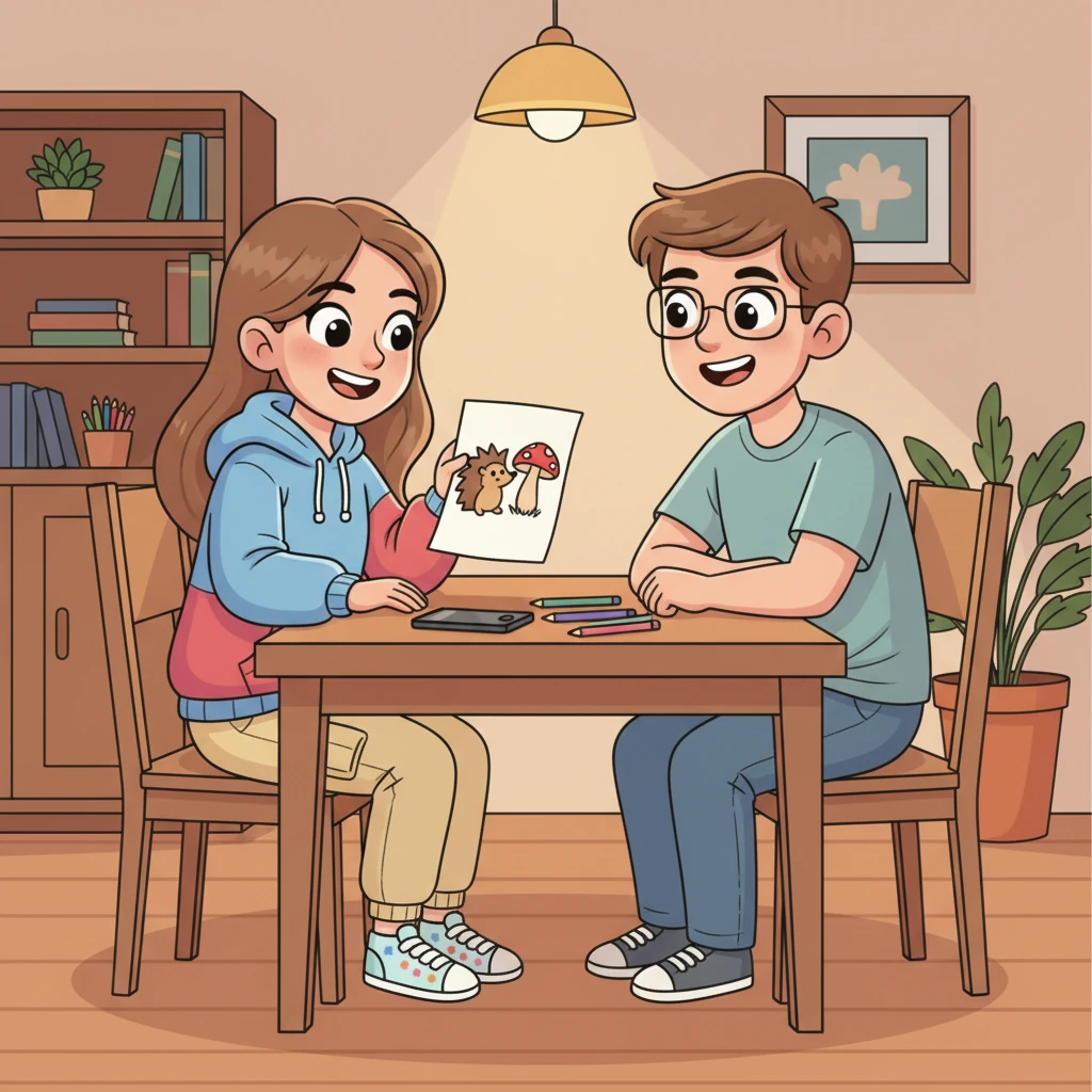 Вечером, дома, Лена с улыбкой рассматривает рисунок, который она сделала в заповеднике, изображая того самого ежика и гриб. Она рассказывает родителям о своих приключениях, и они с гордостью слушают её живой рассказ. Телефон лежит на столе, нетронутый.