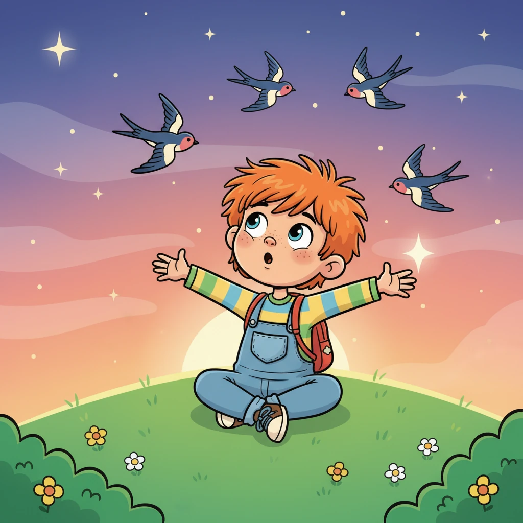 Leo, a boy with hair like a playful cloud, often sat on the soft green hills. He watched swallows dance across the sunset sky, dreaming of joining them. "If only I had wings," he whispered to the twinkling stars each night.