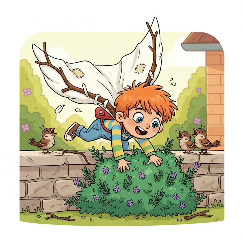 Determined, Leo gathered fallen branches and his mother's old bedsheet. He worked tirelessly, fashioning a pair of clumsy wings. With a hopeful leap from the low garden wall, he tumbled into the prickly rosemary bushes, while sparrows chirped nearby, almost as if laughing at his attempt.