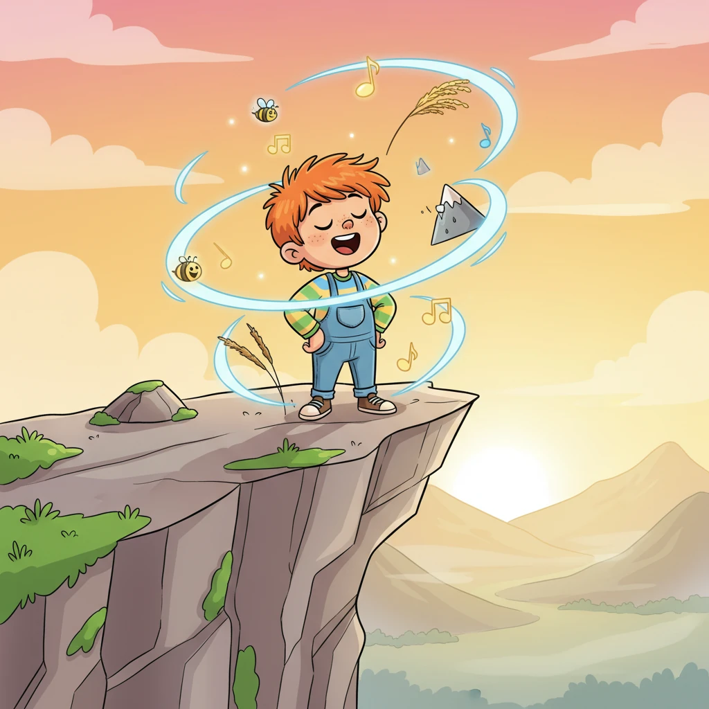 At the very edge of a tall cliff, as the first golden light of dawn painted the sky, Leo stood tall. He closed his eyes and began to sing, weaving the bee’s hum, the reed’s rustle, and the mountain’s whistle into a beautiful, whirling melody. The air around him began to stir, swirling gently at his feet.