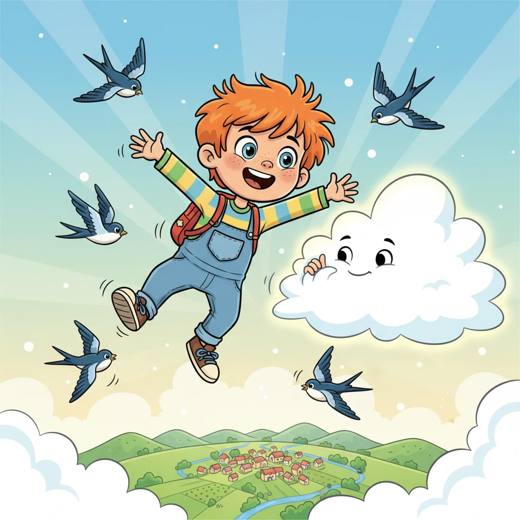 He soared! It wasn't like a bird's flight, but like a happy laugh given shape, light and free. Leo danced effortlessly with the swallows, gently touched the fluffy belly of a cloud, and gazed down at his village, which looked like a tiny, lovely patchwork quilt far below. Pure joy filled his heart.