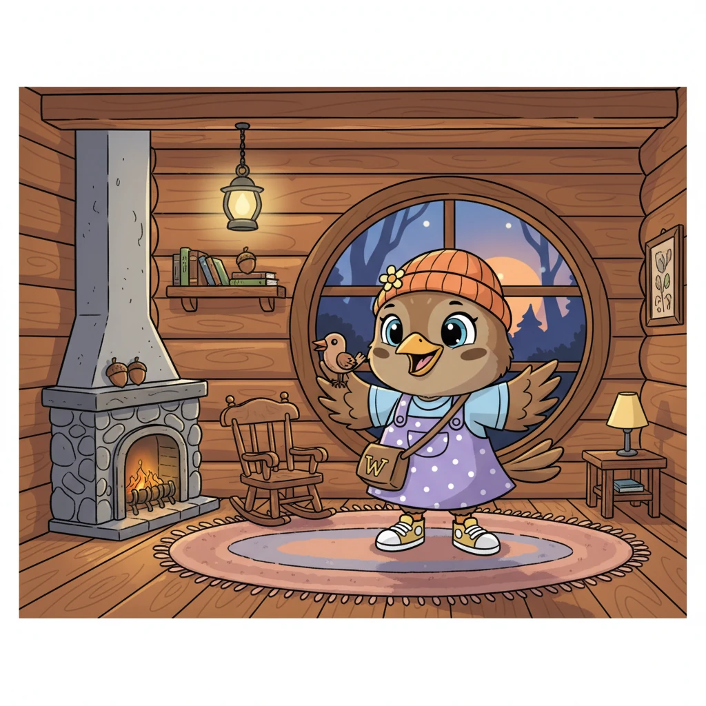 Wendy Sparrow's cozy log house glowed softly as dusk settled over the forest. Inside, Wendy, a cheerful little sparrow with bright, curious eyes, eagerly awaited the evening's familiar rhythm. Her home, though snug, was always filled with warmth and the gentle hum of family life.