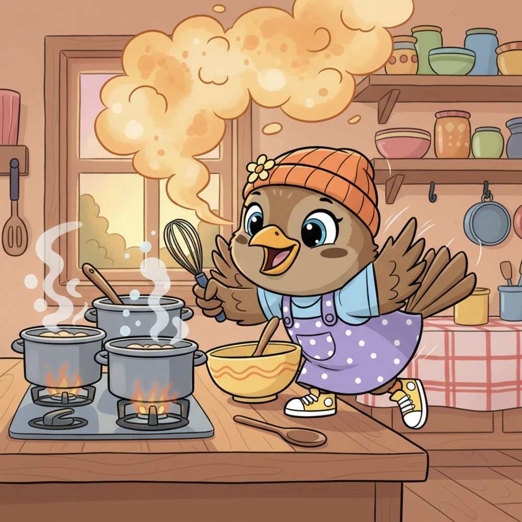 In the bustling, tiny kitchen, Mama Sparrow was already a whirlwind of activity, her feathers flitting as she prepared a delicious, fragrant dinner. Pots simmered gently on the stove, filling the cozy house with mouth-watering aromas. She worked tirelessly, always making sure her family was well-fed and cared for.