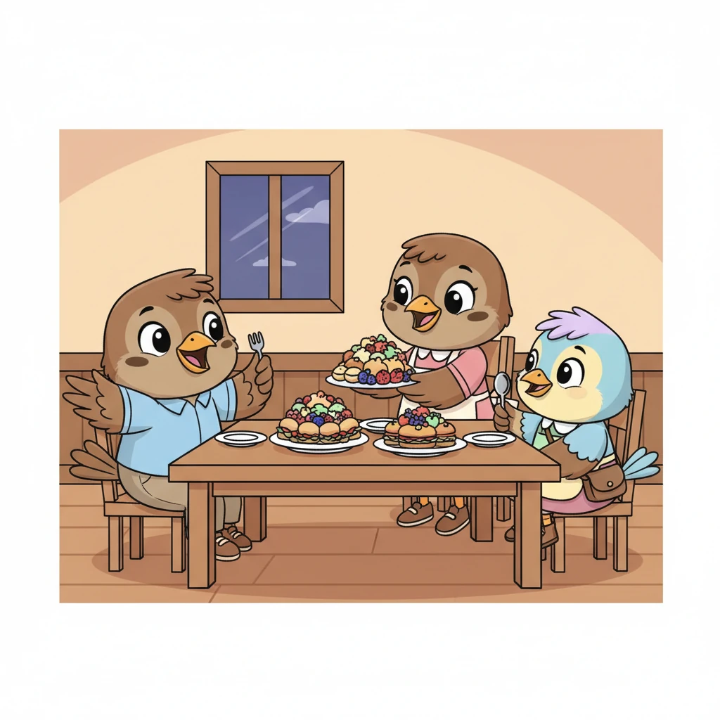 Plates piled high with Mama Sparrow’s wonderful cooking were passed around, and happy chatter filled the air. Wendy recounted her day's adventures, while Papa Sparrow shared a funny anecdote from the factory. Every bite was savored, and every laugh was cherished.