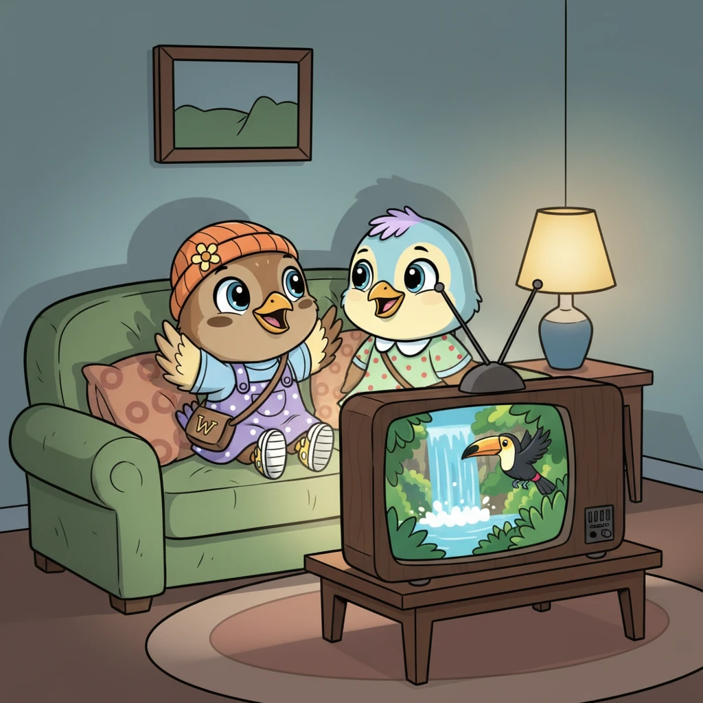 After dinner, the family settled onto the slightly lumpy couches to watch their favorite nature show on the old television. The screen flickered with vibrant images of distant lands, captivating Wendy and William with tales of the wild. It was a perfect, peaceful end to their meal.