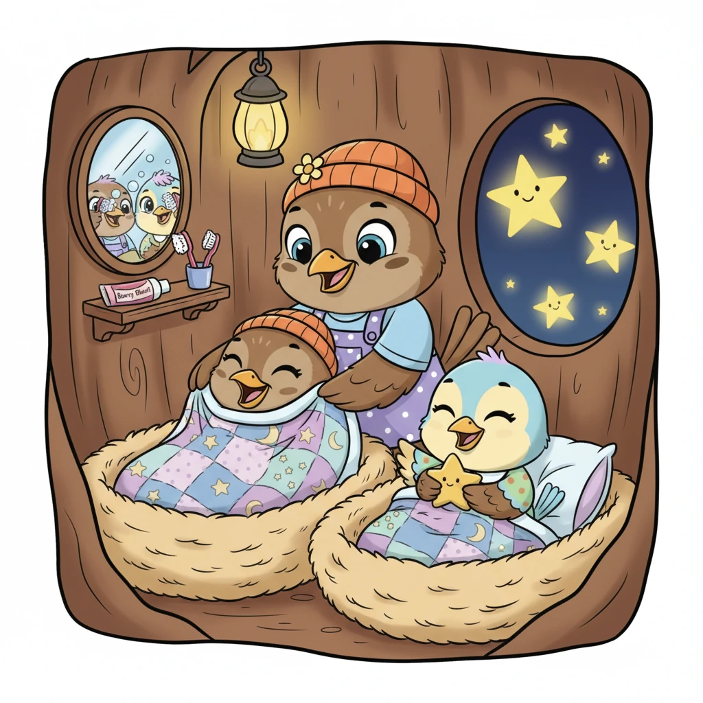 As the stars began to twinkle outside, Mama Sparrow helped William and Wendy get ready for bed. They brushed their teeth, giggled at their reflections, and snuggled into their soft nests. The day's adventures were winding down.